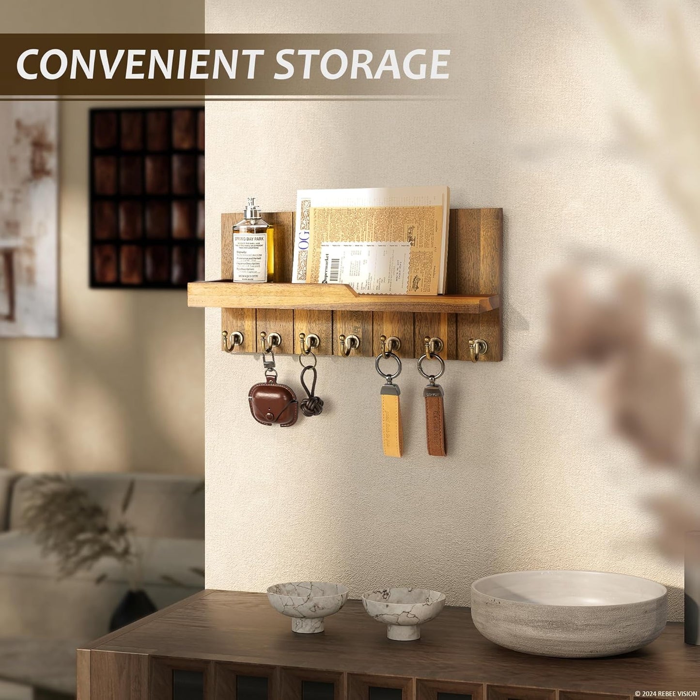Rebee Vision Decorative Key Holder Wall Mount - Rustic Key Holder for Wall with Shelf and Mail Organizer for Living Room Decor - Home Essentials for Home Improvement (Brown, 3.54" x 10" x 7.28")