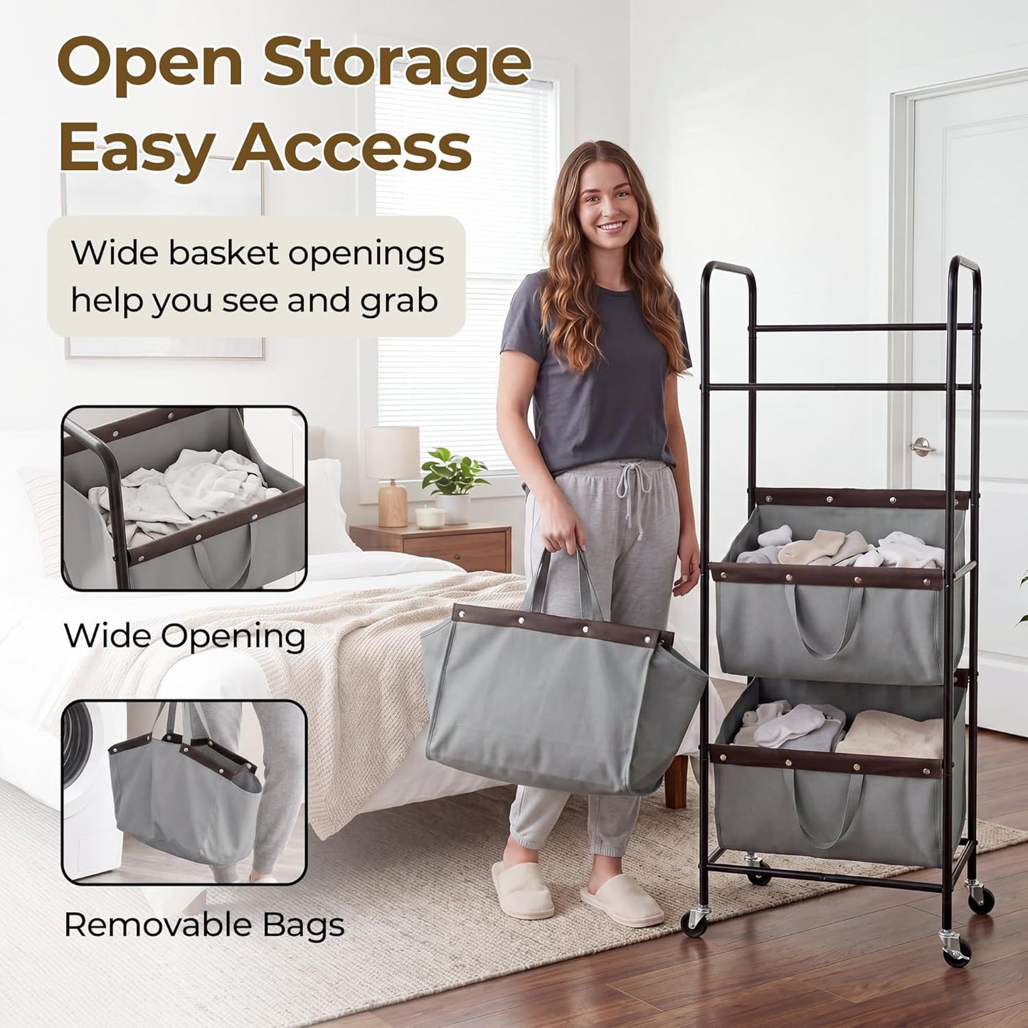 GRANNY SAYS 3 Section Tiered Laundry Sorter, Slim Vertical Laundry Hamper with Wheels, Narrow Rolling Laundry Cart with Removable Bags for Laundry Room, Bathroom, Closet, Dorm, Beige