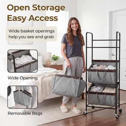 GRANNY SAYS 3 Section Tiered Laundry Sorter, Slim Vertical Laundry Hamper with Wheels, Narrow Rolling Laundry Cart with Removable Bags for Laundry Room, Bathroom, Closet, Dorm, Beige