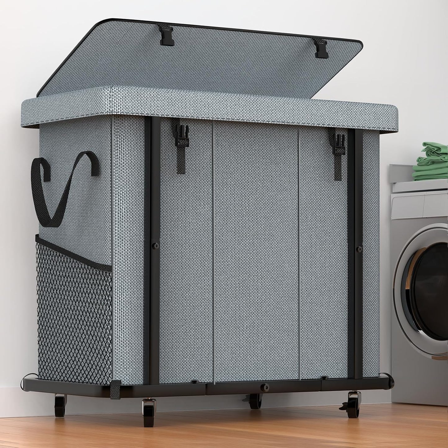 60 Gal(230L) Laundry Basket with Lid, Rolling Laundry Hamper with Wheels, Dirty Clothes Hamper with Metal Frame and Removable Bag Design, Suitable for Laundry Room, Bedroom (Black, 3 Section 230L)