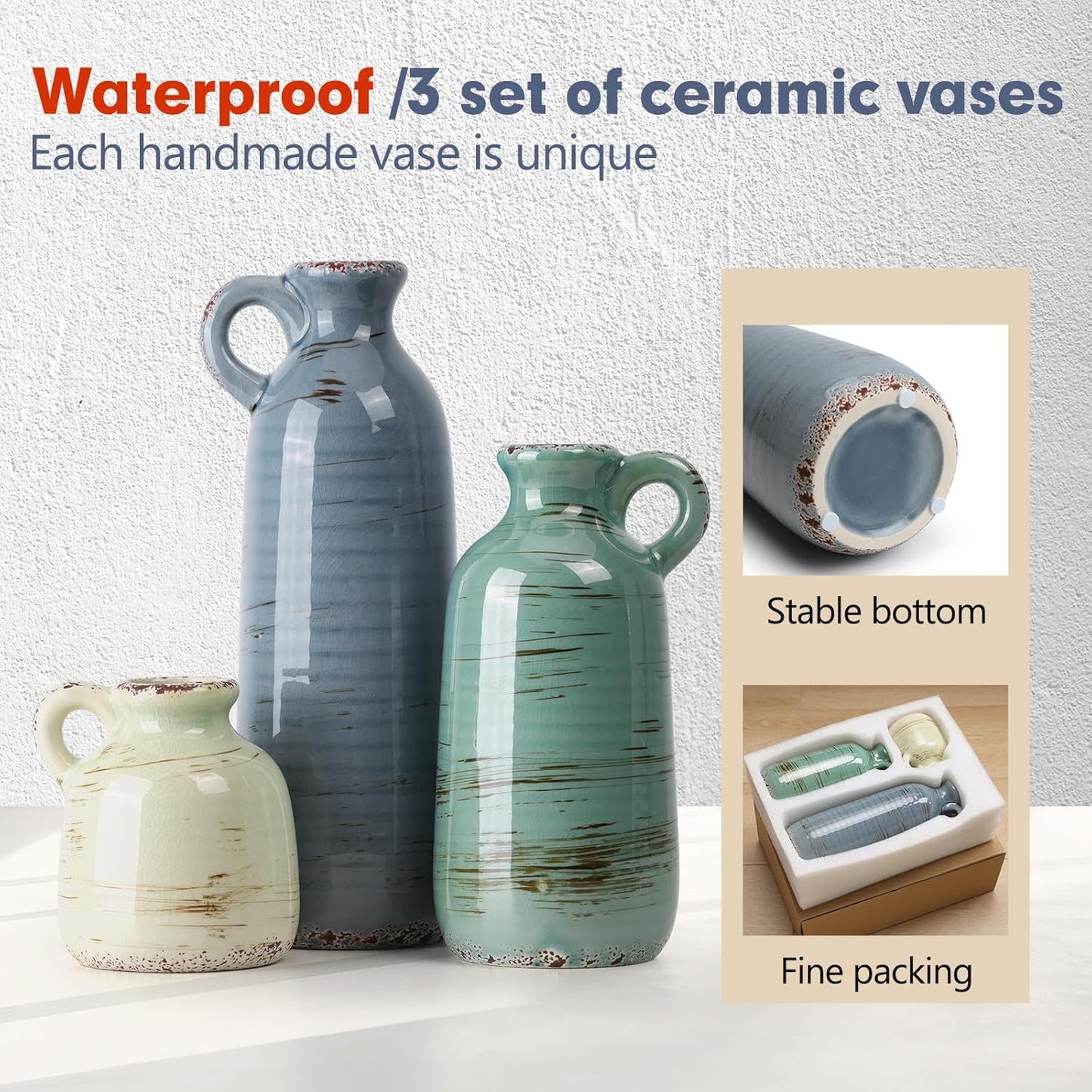 CUCUMI Ceramic Vase Set of 5, Home Decor Farmhouse Décor Handmade Pottery Vases for Pampas Grass, Dried Fresh Flowers, Table, Living Room, Kitchen, Shelf, Entryway Mantel Neutral Tones