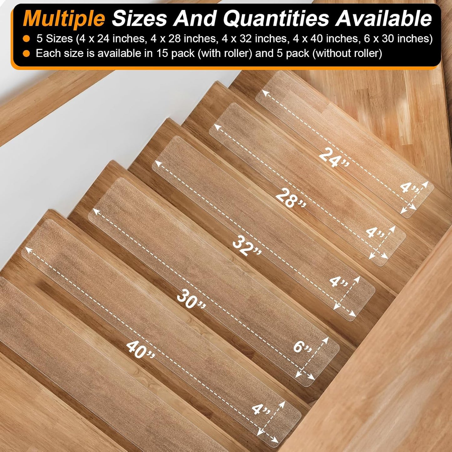 SMILOOL Clear Non-Slip Treads for Wooden Steps Indoor 5 Pack 4" x 32" Pre-Cut Anti-Slip Strips, Grip Tape Transparent Grips for Wood Stairs, Dogs, Kids and Pets, Waterproof