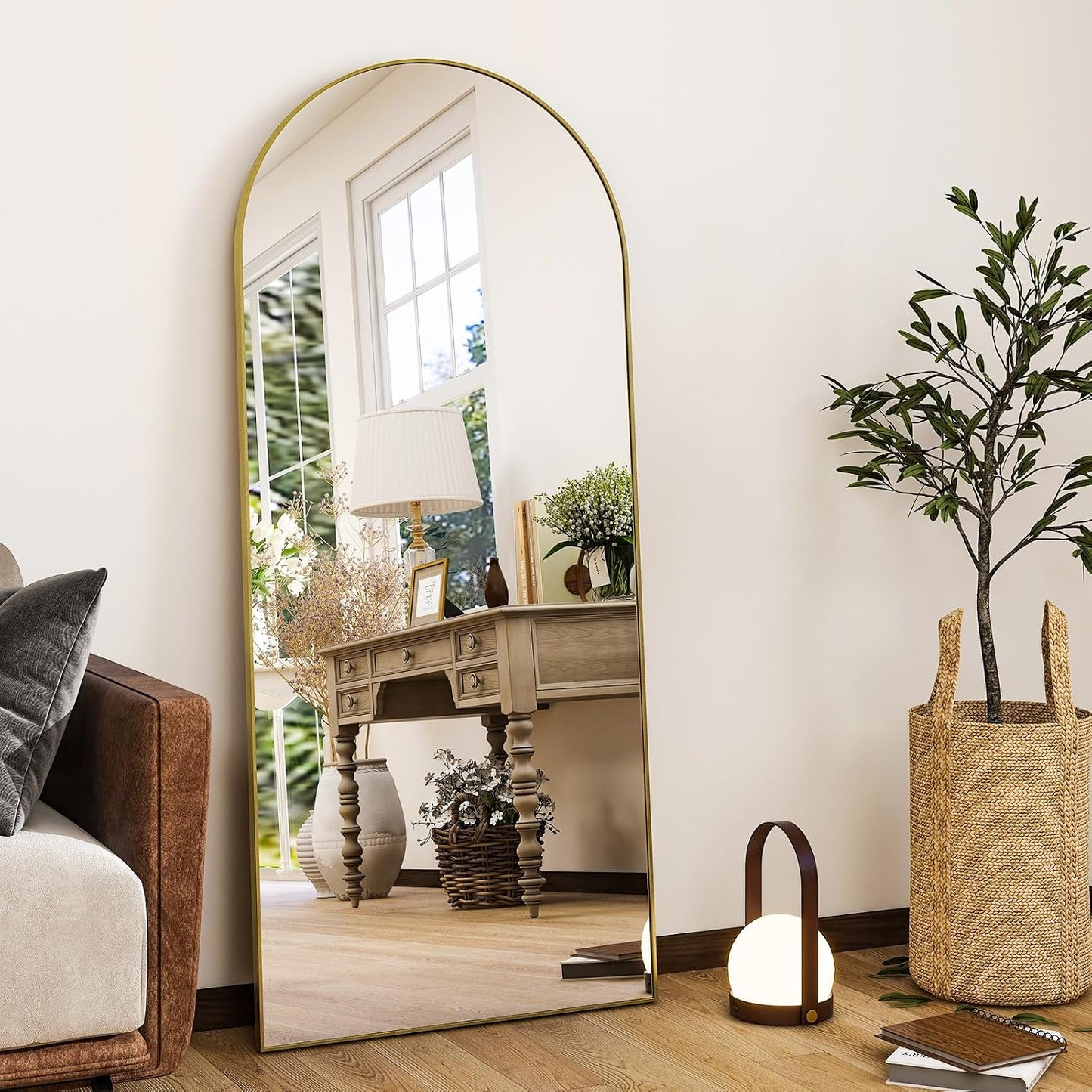 HARRITPURE 64"x21" Arched Full Length Mirror Free Standing Leaning Hanging Mounted Mirror Aluminum Frame Modern Simple Home Decor for Living Room Bedroom Cloakroom, Gold