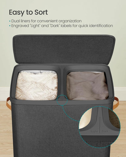SONGMICS Laundry Basket, 50.2 Gal. Laundry Hamper, 3 Compartments, Easy Assembly, with Lid and Handles, Removable Liners, 25.2 x 15.7 x 29.5 Inches, Cappuccino Beige ULCB814LH01