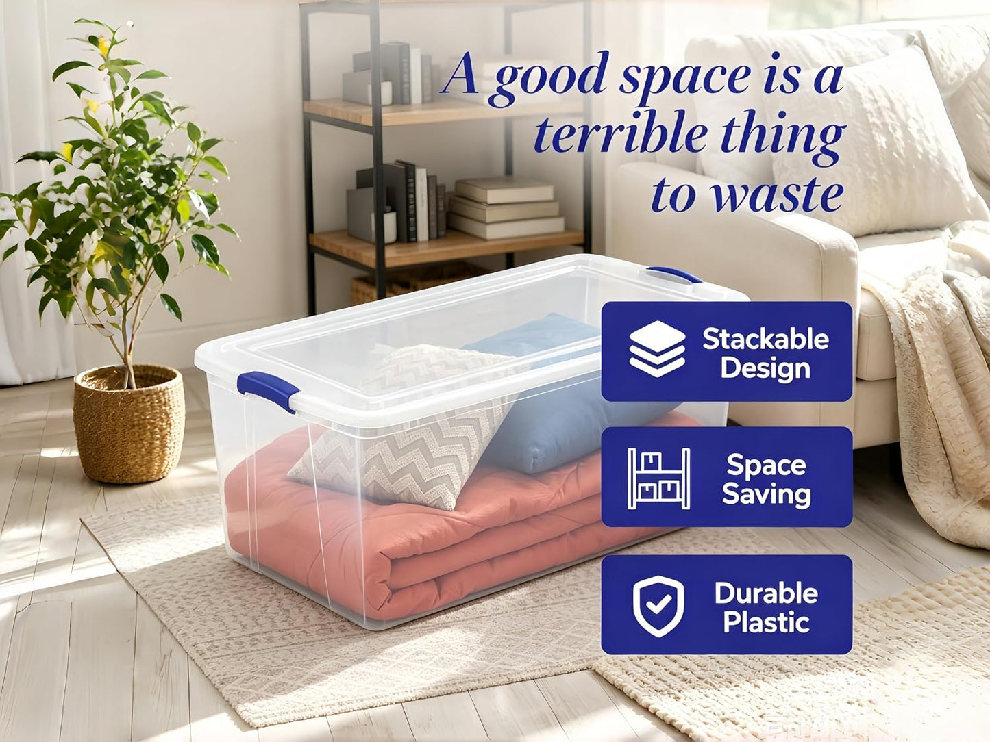41 Quart Under Bed Storage Bins with Snap-On Lids, 2-Pack, Clear Plastic Stackable Tote Boxes, Closet Storage for Clothes Storage & Bedroom Organization