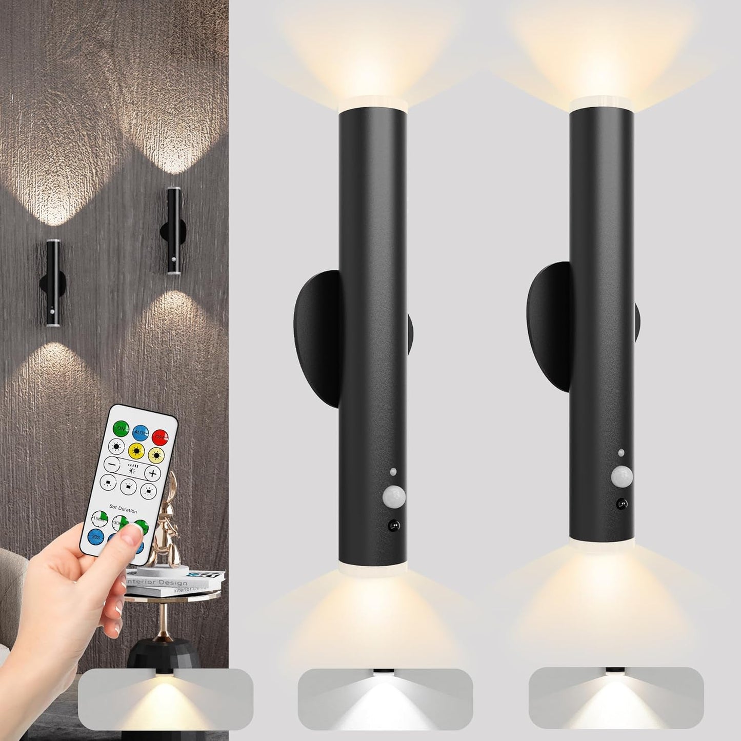 LYTARA Battery Operated Wall Sconce Set of Two, Rechargeable Wall Lights with Motion Sensor, Remote Control, Dimmable Metal Magnetic Wall Lamp for Decor, Bedroom, Night Light (Black, 2 Pcs)