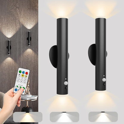 LYTARA Battery Operated Wall Sconce Set of Two, Rechargeable Wall Lights with Motion Sensor, Remote Control, Dimmable Metal Magnetic Wall Lamp for Decor, Bedroom, Night Light (Black, 2 Pcs)