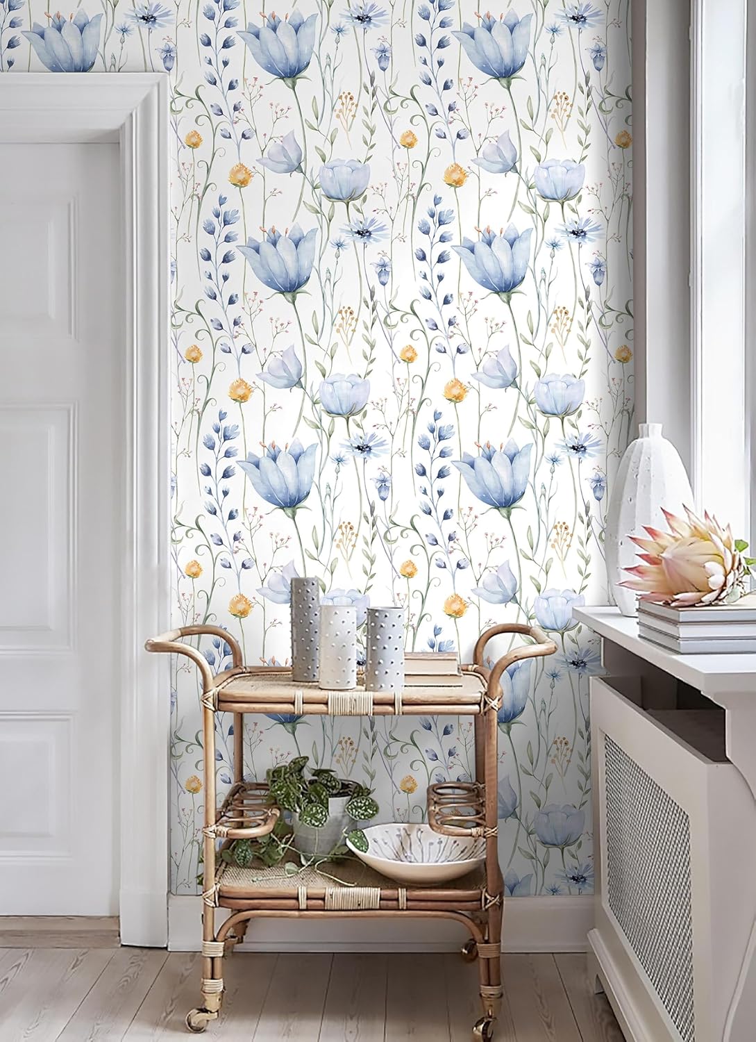 HeloHo Blue Floral Wallpaper Peel and Stick Self Adhesive Removable Wall Paper 16.1" X 118" Renter Friendly Waterproof Wallpaper Contact Paper for Furniture Living Room Bedroom Decor