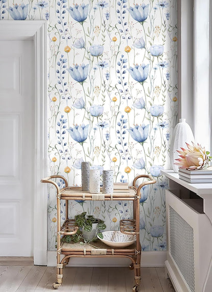 HeloHo Blue Floral Wallpaper Peel and Stick Self Adhesive Removable Wall Paper 16.1" X 118" Renter Friendly Waterproof Wallpaper Contact Paper for Furniture Living Room Bedroom Decor