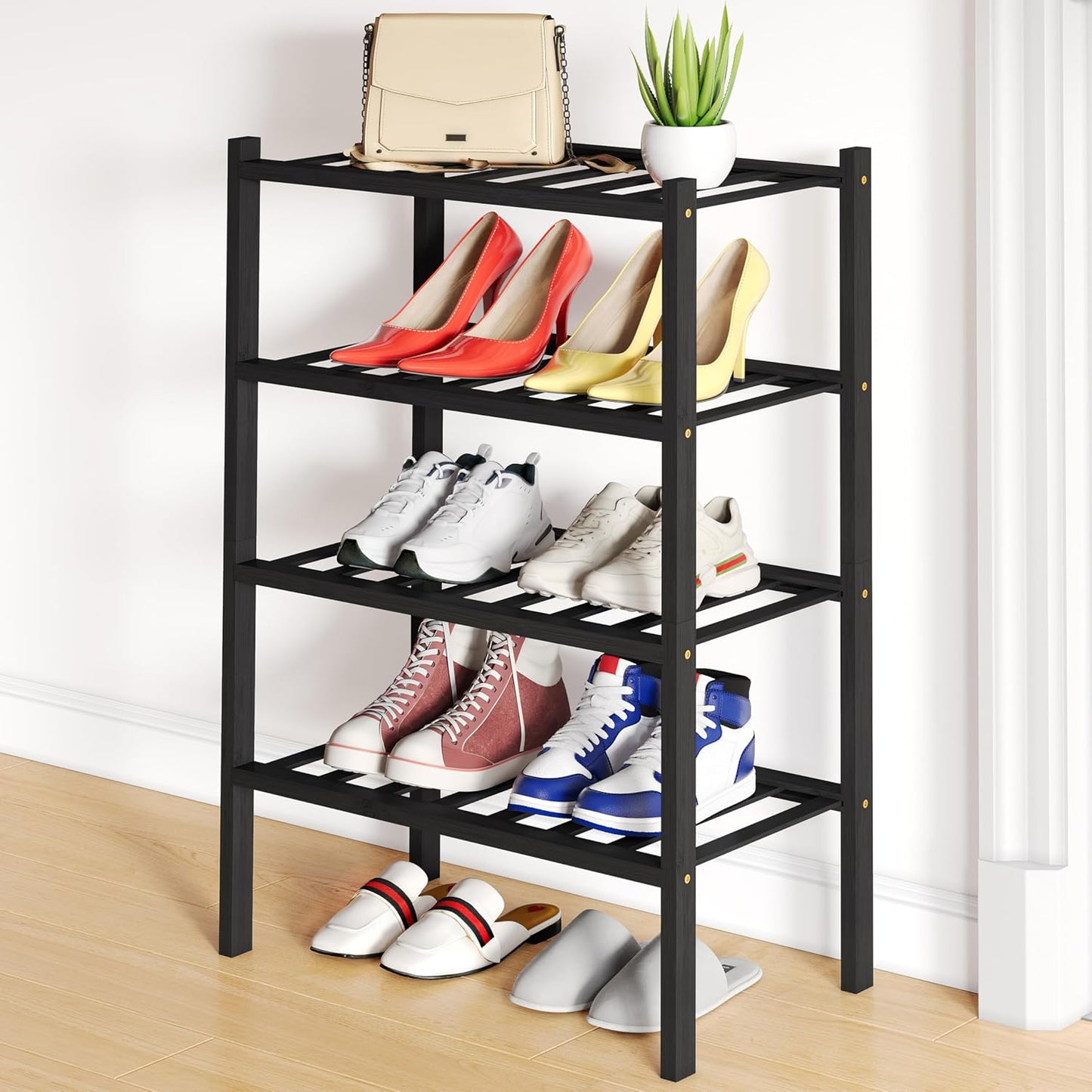 Smiry Bamboo Shoe Rack, 3 Tier Free Standing Wooden Shoe Organizer, Stackable Wood Shoe Storage Shelf for Closet, Entryway, 12 Vertical Slats, 2+1 Stack Standard Legs, 26.8"x11"x19.5", Natural
