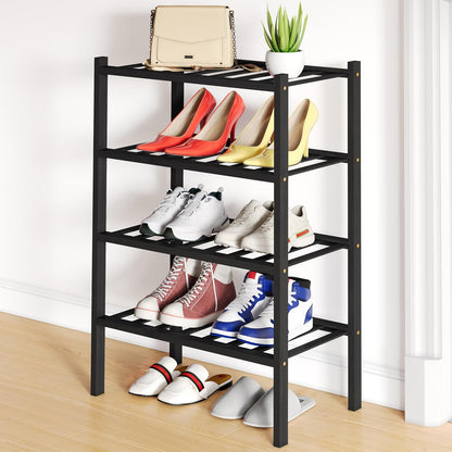 Smiry Bamboo Shoe Rack, 3 Tier Free Standing Wooden Shoe Organizer, Stackable Wood Shoe Storage Shelf for Closet, Entryway, 12 Vertical Slats, 2+1 Stack Standard Legs, 26.8"x11"x19.5", Natural