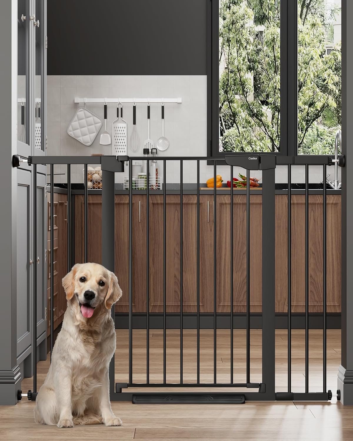Cumbor 29.7-48" Baby Gate for Stairs, Mom's Choice Awards Winner-Dog Gate for Doorways, Auto Close Safety Pet Gate for Dogs Indoor, Easy Install Pressure Mounted Child Gate with Walk Thru Door, Brown