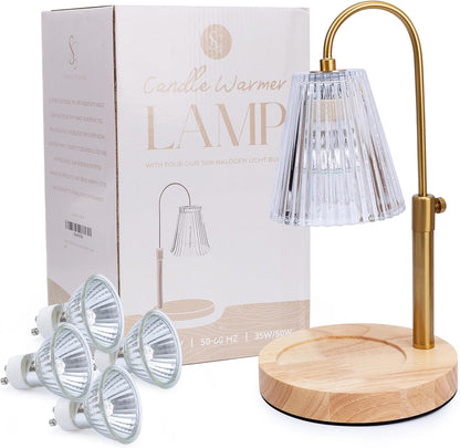 Flameless Candle Warmer Lamp for Jar Candles Large & Small – Dimmable Lamp Candle Warmer Electric with Large Marble Base & Adjustable Height – Candle Melter with Timer and 4 Halogen Light Bulbs