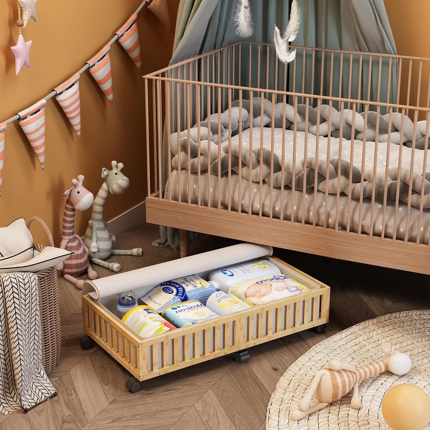 Bamboo Under Bed Storage Containers with Wheels, 2 Pack Under the Bed Shoe Storage Bins, Wood Rolling Underbed Drawers with Bag Organizer for Bedroom, Sheets Clothes Blanket Comforter, Under Crib Toy