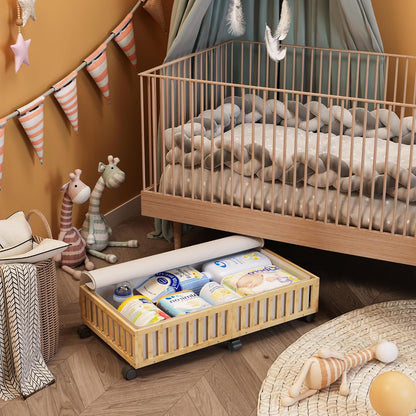 Bamboo Under Bed Storage Containers with Wheels, 2 Pack Under the Bed Shoe Storage Bins, Wood Rolling Underbed Drawers with Bag Organizer for Bedroom, Sheets Clothes Blanket Comforter, Under Crib Toy