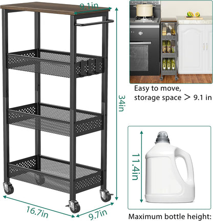 XYZLVSI Slim Storage Cart 4 Tier Narrow Kitchen Rolling Cart on Wheels for Small Space, Mobile Utility Cart Shelving Unit with Wooden Top and Metal Handle for Kitchen, Bathroom, Laundry Room