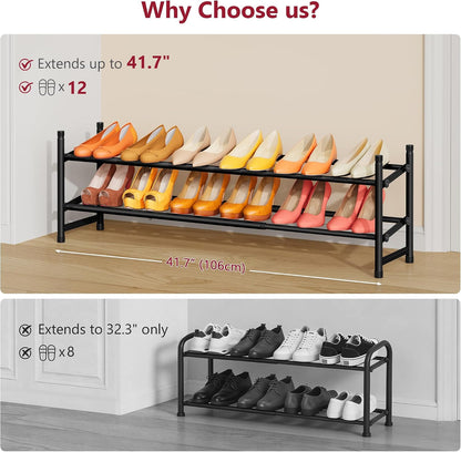 Tajsoon Expandable Shoe Rack for Closet 3 Tier, 28“-41“Adjustable & Stackable Shoe Shelf Storage, Metal Shoe Rack Organizer for Front Door Entrance, Closet, Garage, Entryway, Black