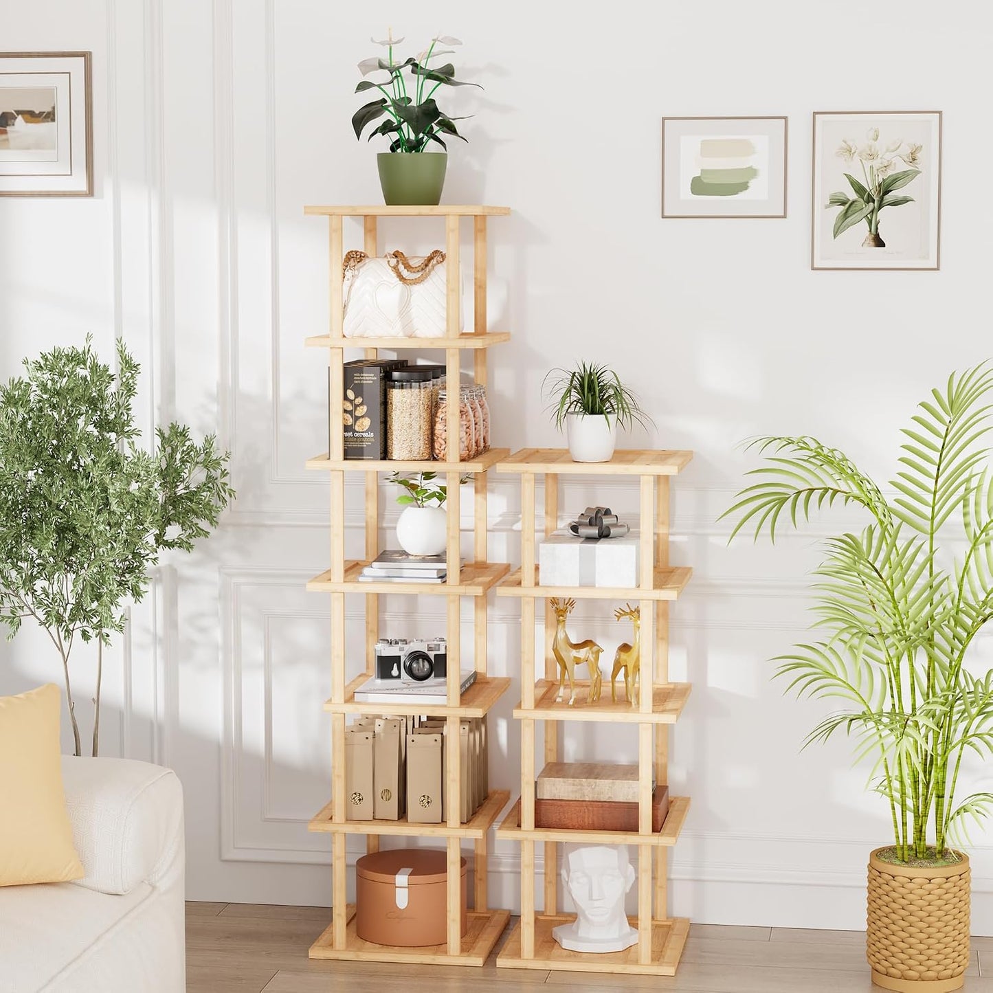 Vertical Tall Shoe Rack Organizer for Entryway -7 Tier Free Standing Slim Narrow Bamboo Wood Corner Stackable Shoe Boots Storage Stand Small Spaces for Closet Garage Cloakroom Living Room (Black)