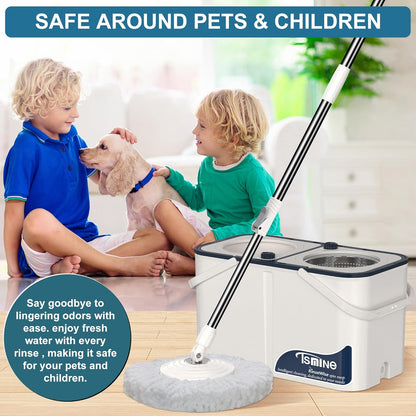 Spin Mop for Large Homes & Big Floor Cleaning, Clean & Dirty Water Separation Mop Bucket for Family & Pet Homes,4-Chamber System, Glide Wheels, Safe for Hardwood & Tile, Adjustable Handle, 6 Mop Heads