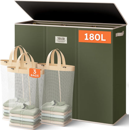 SOLEDI 180L Laundry Hamper 3 Section, Extra Large Laundry Hamper with Lid, Dirty Clothes Hamper with Sturdy Handle, Large Laundry Basket Organizer for Laundry Room, Bedroom, Hampers for Laundry