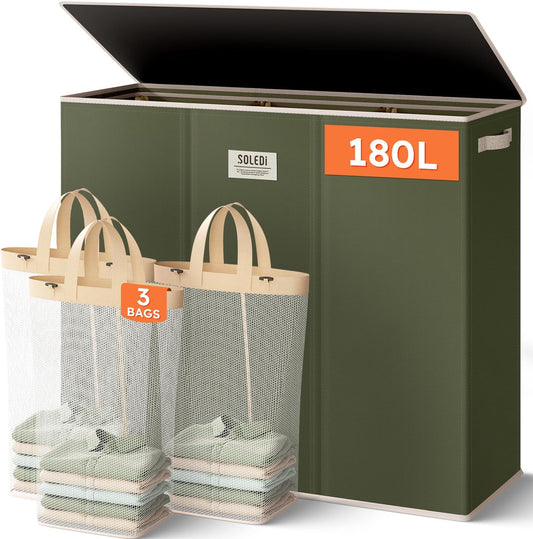 SOLEDI 180L Laundry Hamper 3 Section, Extra Large Laundry Hamper with Lid, Dirty Clothes Hamper with Sturdy Handle, Large Laundry Basket Organizer for Laundry Room, Bedroom, Hampers for Laundry