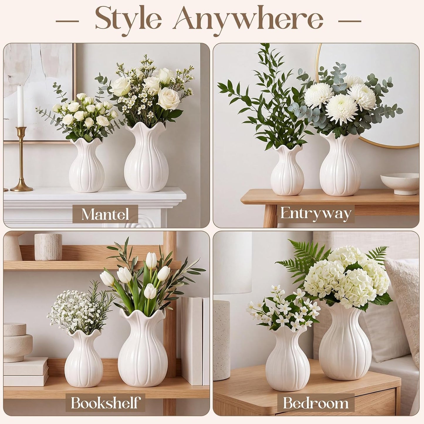 3 Pack White Ceramic Vase Set Small Rustic Decorative Vases Home Decor Wavy Edge Modern Flower Vases for Farmhouse Table Centerpiece Living Room Kitchen Bedroom (5.7,6.7,7.9in,Elegant)
