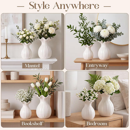 3 Pack White Ceramic Vase Set Small Rustic Decorative Vases Home Decor Wavy Edge Modern Flower Vases for Farmhouse Table Centerpiece Living Room Kitchen Bedroom (5.7,6.7,7.9in,Elegant)