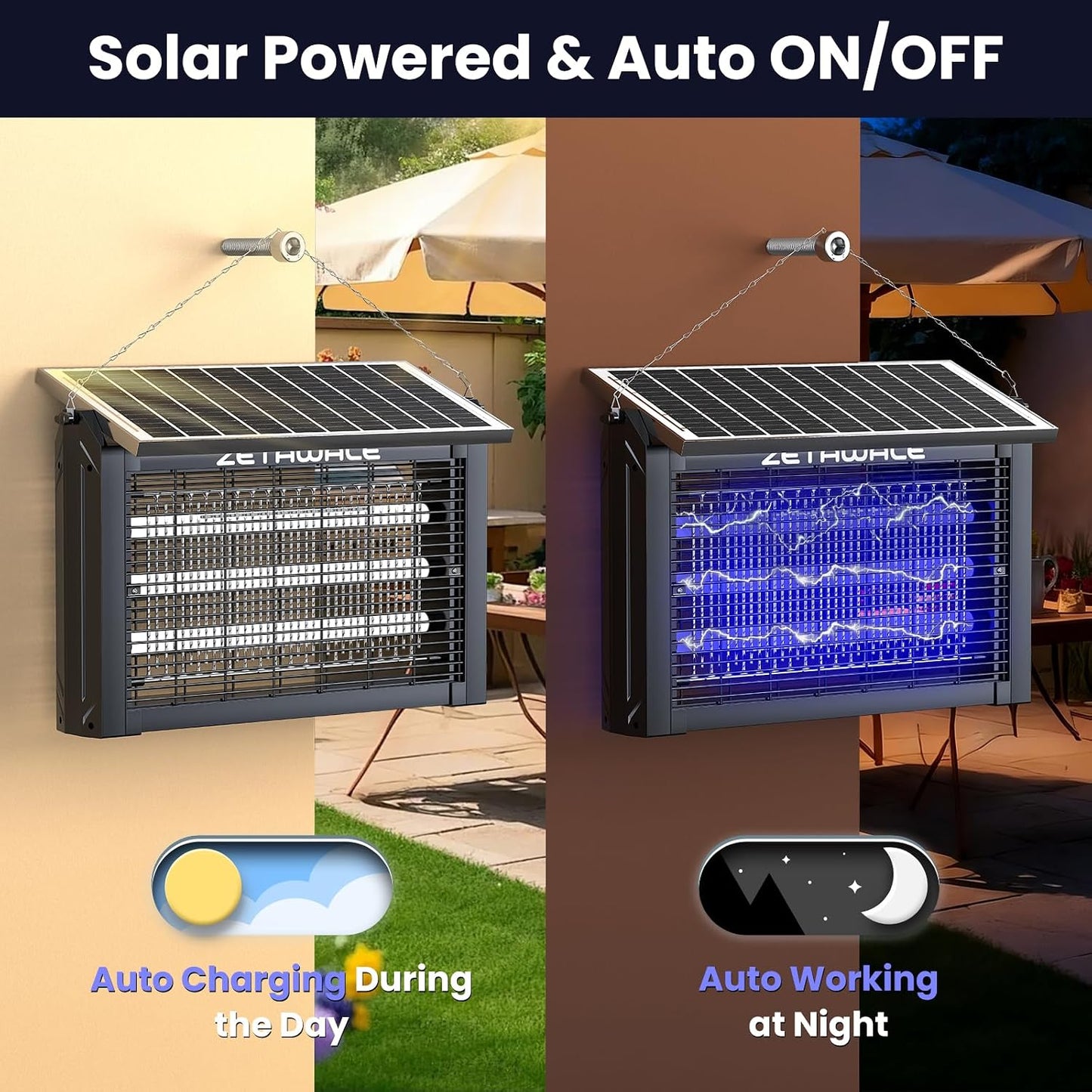 Solar Powered Bug Zapper Outdoor, 4500V Mosquito Trap with 10W Solar Panel, Fly Trap & Mosquito Killer, 10FT Extension Cord, IPX5 Waterproof, 2100 Sq.Ft Coverage for Patio, Backyard, Garden