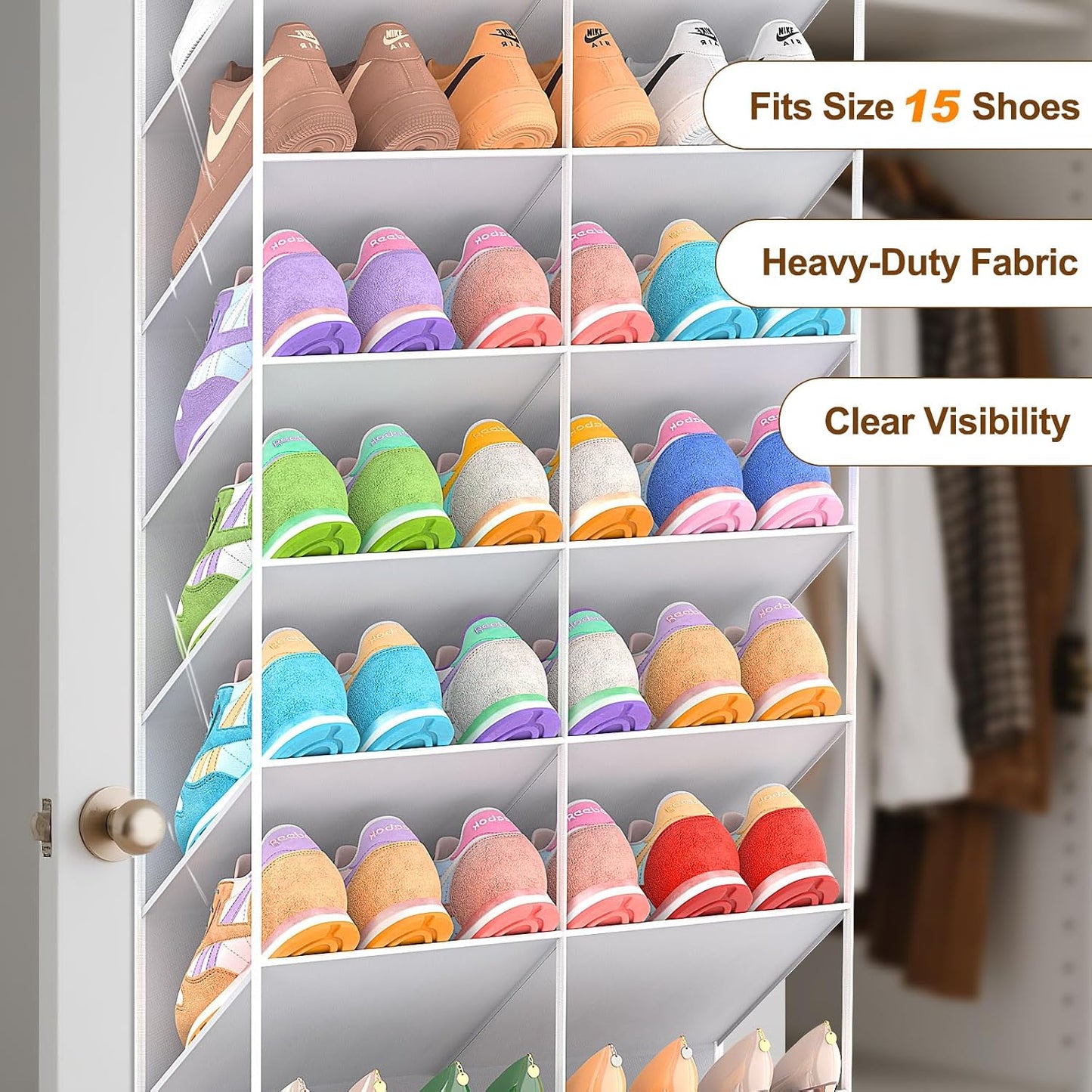 UVIAHOMI 20-30 Pairs Over the Door Shoe Organizer, Clear Pockets Hanging Shoe Storage for Closet, 10-Tier Door Shoes Rack, Handing Shoes Holder Fit All the Family's Sneakers, Boots, Heels, White