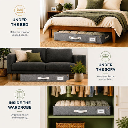 HOMELUX THEORY 2pc Low Profile Under Bed Storage Containers, Thin Under Couch Storage Organizer with Bins & Lids, Underbed Storage Box Ideal for Seasonal Clothes, Blankets, Fabric & Shoes (Ivory)