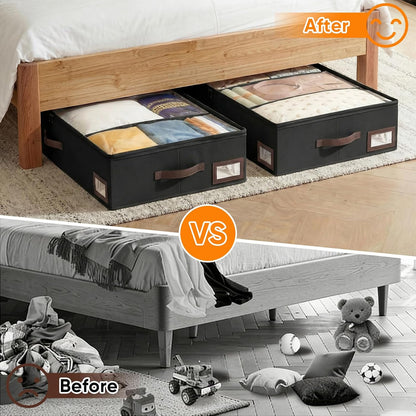 OIAHOMY 2 Pack 53L Under Bed Storage with Adjustable Dividers, 6" Low Profile Underbed Storage Bins for Comforters & Clothes, Save Closet Space with Clear View Lid & Reinforced Handles, Grey