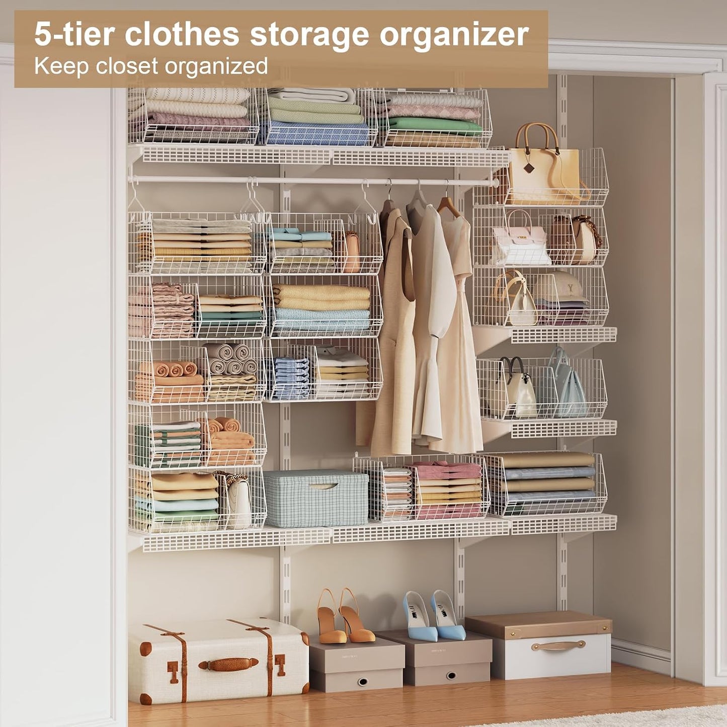 Jautokerdar 4 Tier Hanging Closet Organizer with Dividers,Extra Large Storage Hanging Shelf with 5 S Hooks 4 Dividers,Hang on Wire Closet Shelving Clothes Organizer-Black