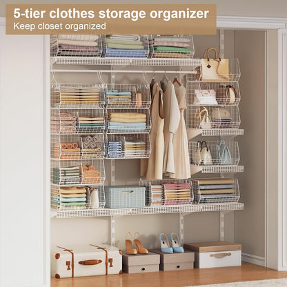 Jautokerdar 4 Tier Hanging Closet Organizer with Dividers,Extra Large Storage Hanging Shelf with 5 S Hooks 4 Dividers,Hang on Wire Closet Shelving Clothes Organizer-Black