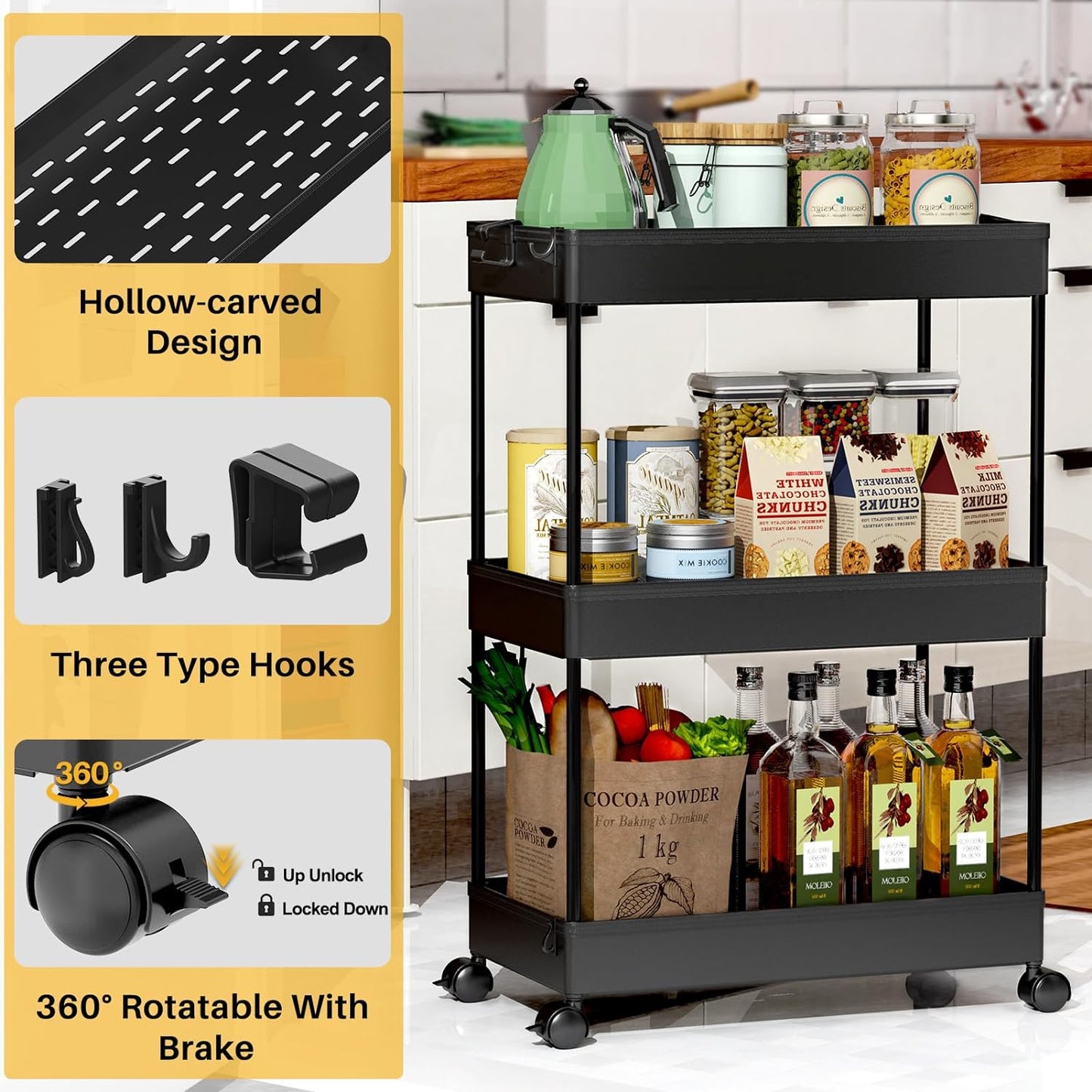 SPACEKEEPER 5-Tier Rolling Cart, Bathroom Storage Organizer Utility Cart, Mobile Shelving Unit Slide Out Shelves for Kitchen Living Room Laundry Room & Dressers, Black