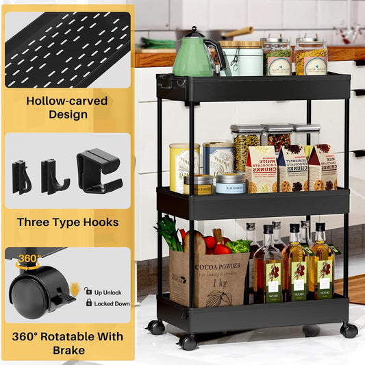 SPACEKEEPER 5-Tier Rolling Cart, Bathroom Storage Organizer Utility Cart, Mobile Shelving Unit Slide Out Shelves for Kitchen Living Room Laundry Room & Dressers, Black