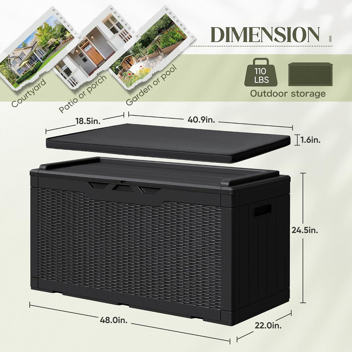 Greesum Outdoor Storage Box 82 Gallon Storage Bin with Lid for Patio Furniture, Garden Tools, Pool Supplies, Waterproof and UV Resistant, Lockable, Black