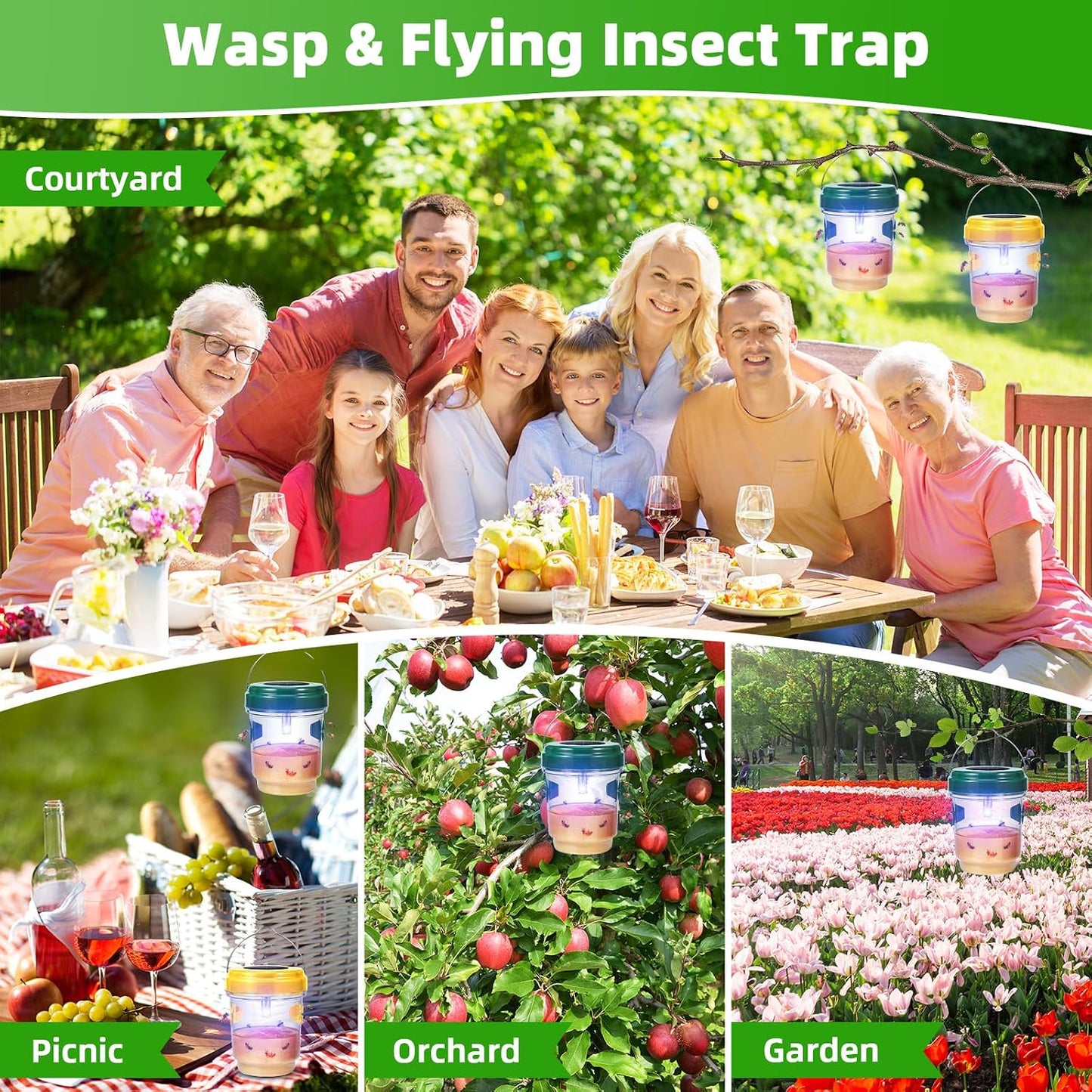 4 Pack Solar Wasp Traps Outdoor Hanging with LED Light, Bee Catcher Reusable Yellow Jacket Trap for Outdoors, Carpenter Bee Protection for Patio, Backyard, Garden