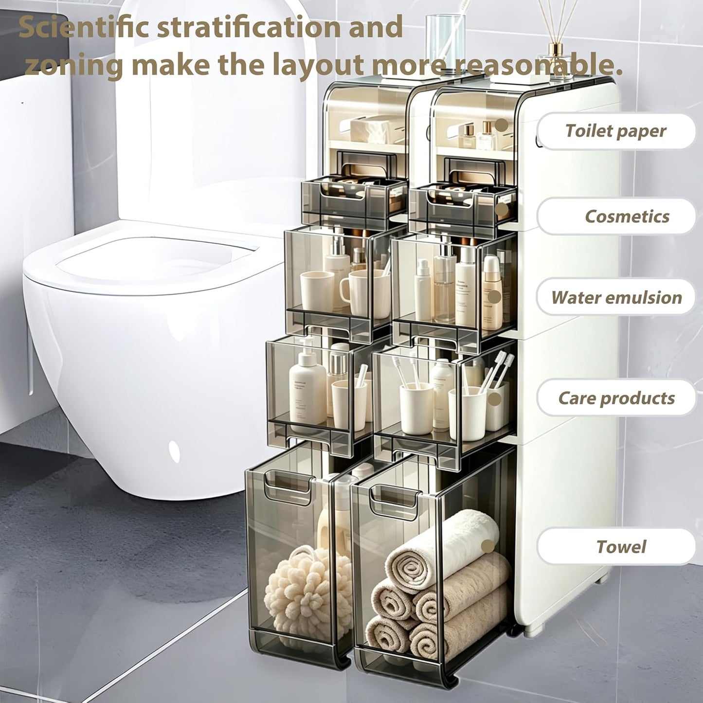 BGYMF 4-Tier Slim Bathroom Storage Cabinet,Slim Cabinet for Bathroom,Narrow Rolling Storage Cart with Wheels, White Plastic Organizer for Small Spaces, Kitchen, Laundry Room, Corner