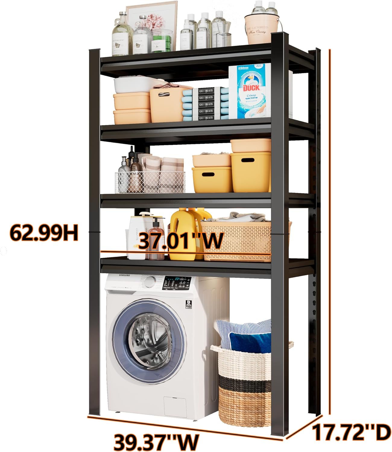 Over Washer and Dryer Shelves, Laundry Room Shelves Adjustable Metal Heavy Duty Freestanding Storage Shelves, Washing Machine Rack for Organization and Storage, Black (Black, 63''H*35.43''W*11.81''D)