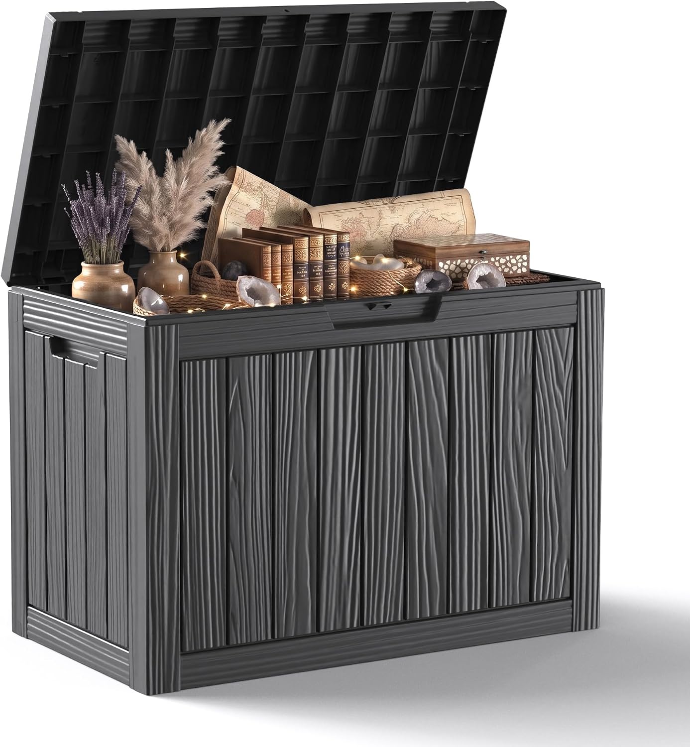 320 Gallon Waterproof Outdoor Storage Box, UV Resistant Resin Deck Box with Hydraulic Rod for Reinforced Stability, Perfect for Patio, Garden, and Pool（Black，320 Gallon）