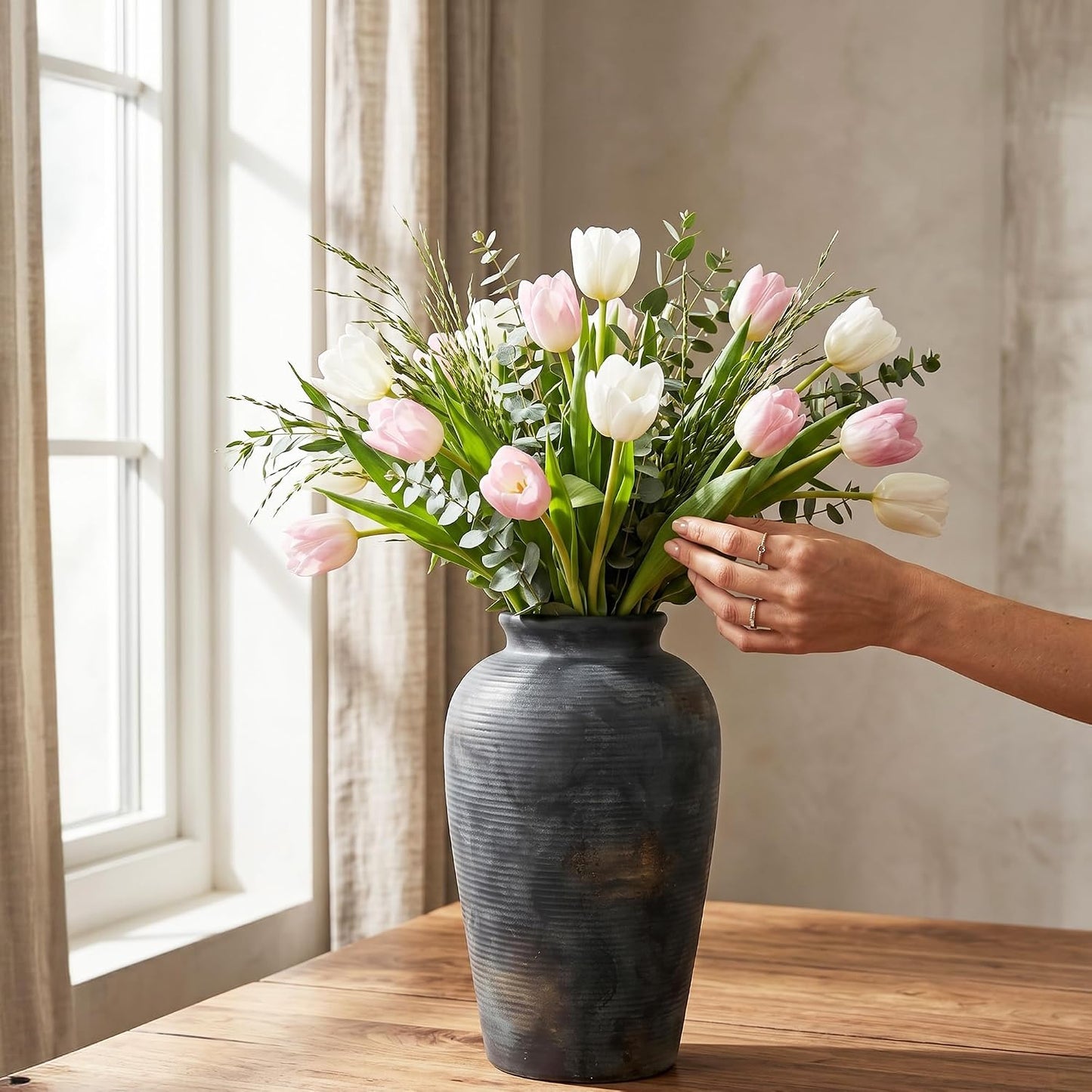 Ceramic Vase Set of 2, Modern Donut Vases for Nordic Minimalist Boho Home Decor, Centerpieces for Dining Tables Living Room Shelf Bookshelf Mantel Entryway Office House
