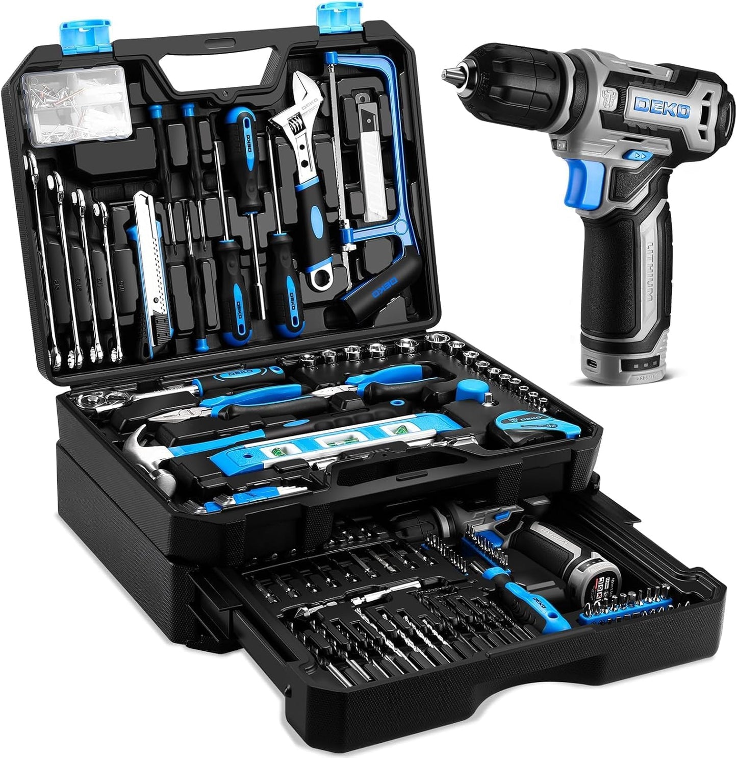 Pink Tool Kit Box Drill Set：DEKOPRO Home Mechanic Toolbox with 12V Power Cordless Drill Hand Repair Tools Sets Combo Kits Storage Organizer Drawer Case for Men & Women