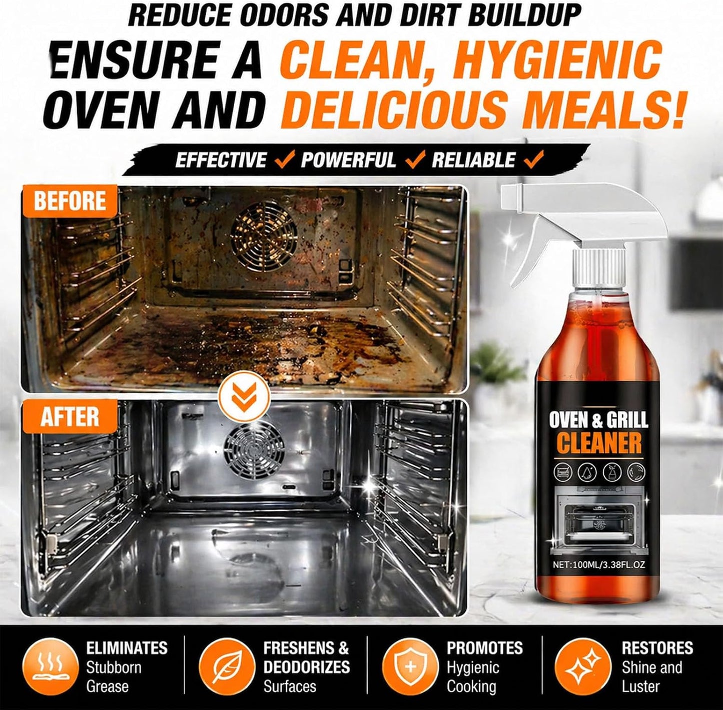 Oven & Grill Cleaner Spray, Heavy Duty Degreaser for Stove, BBQ & Kitchen Surfaces, Fast Acting Grease Remover, Non-Streak Formula for Oven, Grill Grates, Stovetop & Countertops (1pcs)