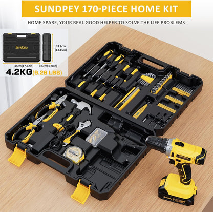 Sundpey Tool Kit with 21V Drill - 170-PCs Portable General Basic Home Repair Tool Set with Power Drill & 2.0Ah Battery & Charger & Tool Box for Homeowner Drilling DIY Projects House Repairs & Handyman