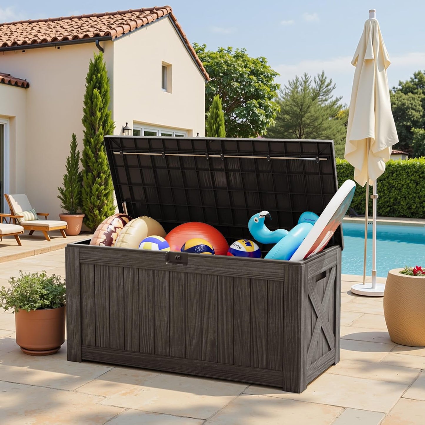 Greesum Outdoor Storage Box 31 Gallon Storage Box with Lid for Patio Furniture, Garden Tools, Pool Supplies, Waterproof and UV Resistant, Lockable, Dark Black