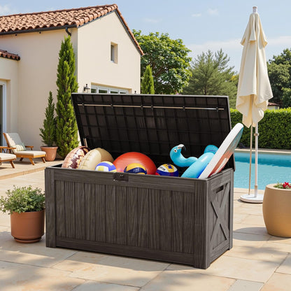 Greesum Outdoor Storage Box 31 Gallon Storage Box with Lid for Patio Furniture, Garden Tools, Pool Supplies, Waterproof and UV Resistant, Lockable, Dark Black