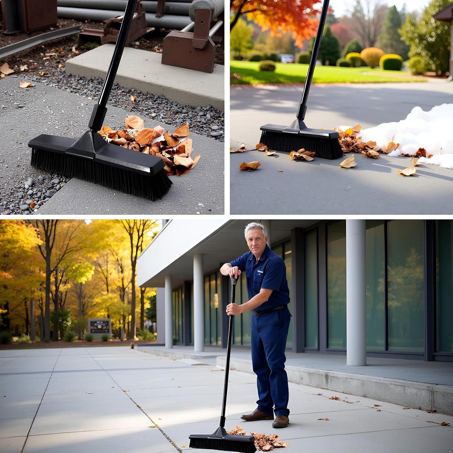 Eyliden 18" Push Broom for Deck Driveway Patio Garage, Black | Heavy-Duty Stiff Bristles Sweeper with 66" Adjustable Handle | Outdoor Concrete Sidewalk Yard Snow Cleaning Tool