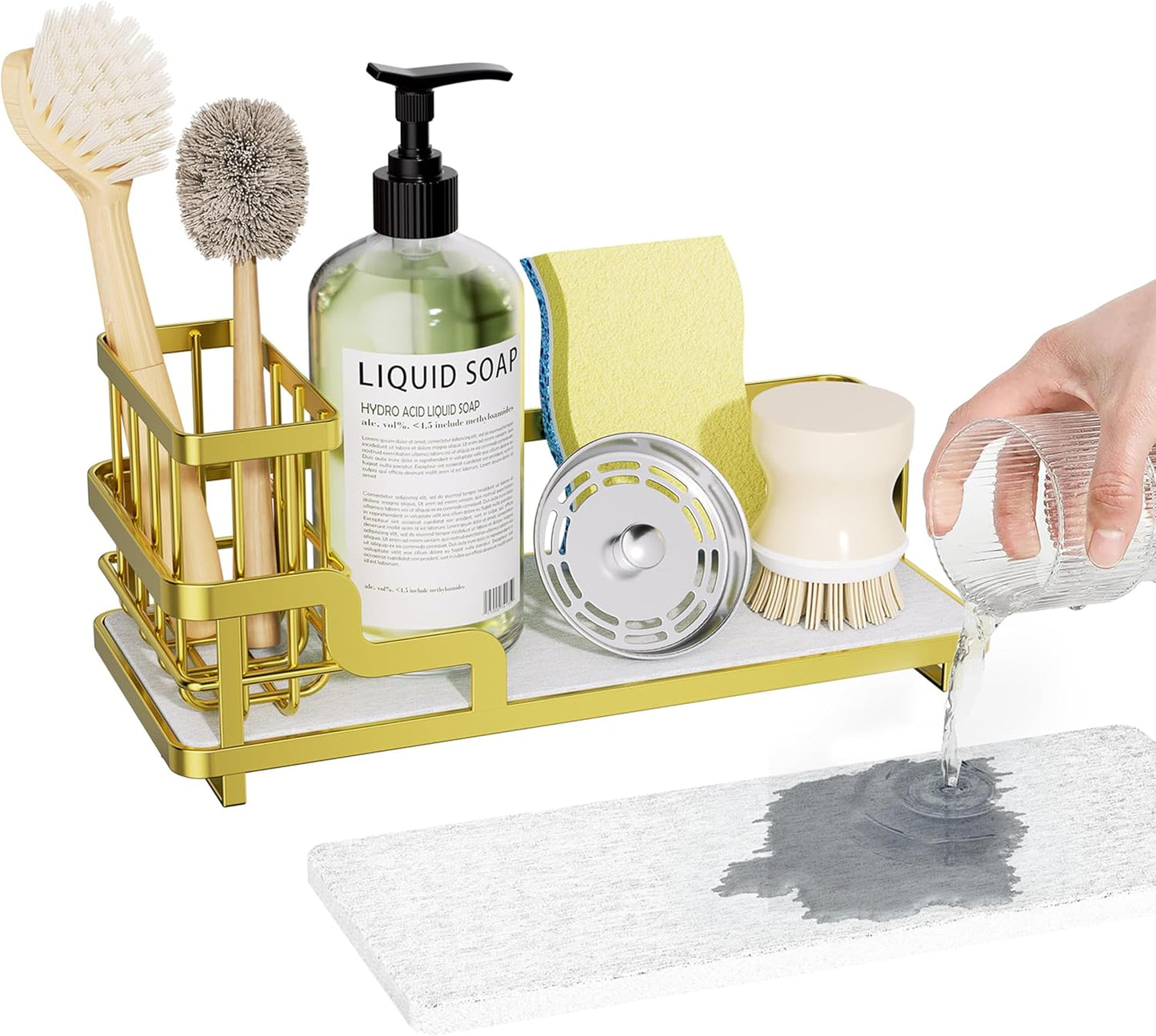 Consumest Sponge Holder for Kitchen Sink - Sink Caddy Organizer with Water Absorbing Stone Tray, Detachable Brush Holder, Stainless Steel Kitchen Counter Organizer Rack, Black