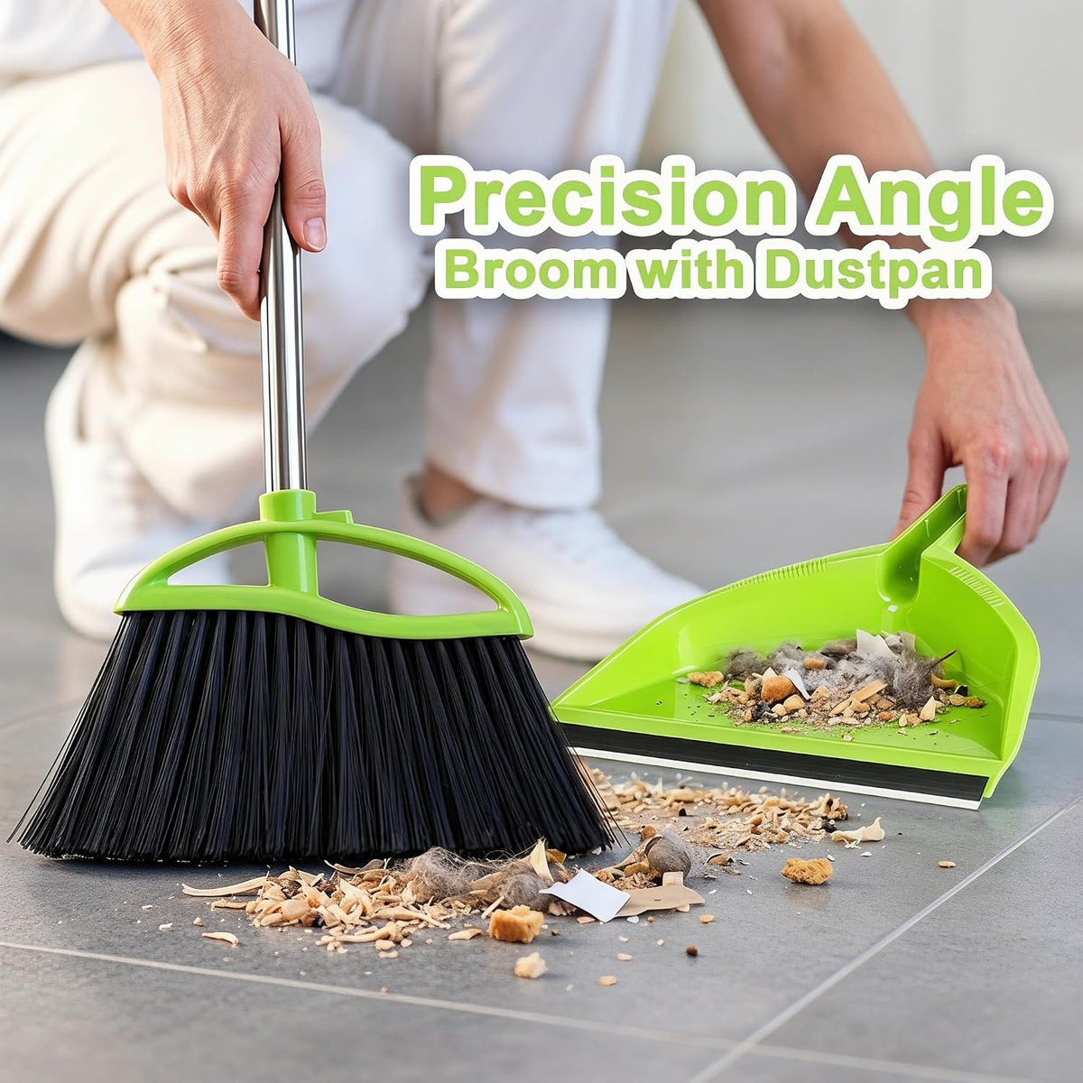3 Pack Wide Heavy Duty Angle Broom - Stiff Bristle Outdoor Brooms for Sweeping Patio, Garden, Garage, Yard (Black, Yellow, Green)