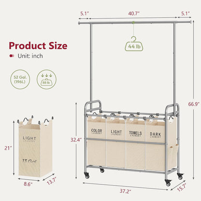 Tajsoon Laundry Hamper with Hanging Rack, 3 Section Laundry Sorter with Heavy Duty Lockable Wheels, Laundry Basket Organizer for Dirty Clothes Storage, 3 Beige